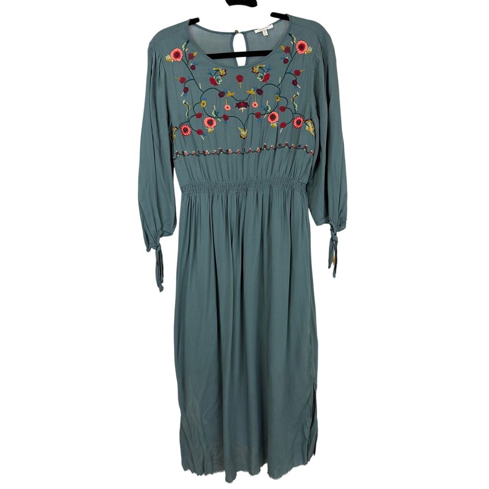 Jodifl Gray Blue Three Quarter Sleeve Embroidered Dress Size S